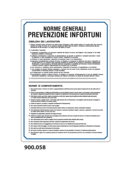 Cartello normativo ''Norme generali prevenzione infortuni'' Dixon Industries 33x47 cm - 900.058