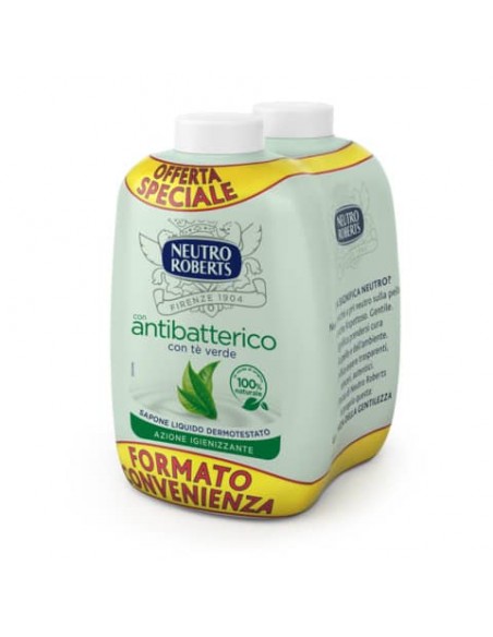 Ricarica sapone Neutro Roberts Antibatterico con tè verde - 200 ml Conf 2 pezzi - R908765