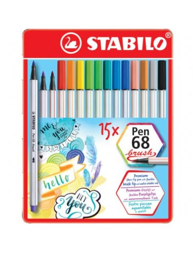 Pennarelli Stabilo Pen 68 brush punta a pennello M  1 mm - assortiti scatola in metallo da 15 pz - 568/15-32