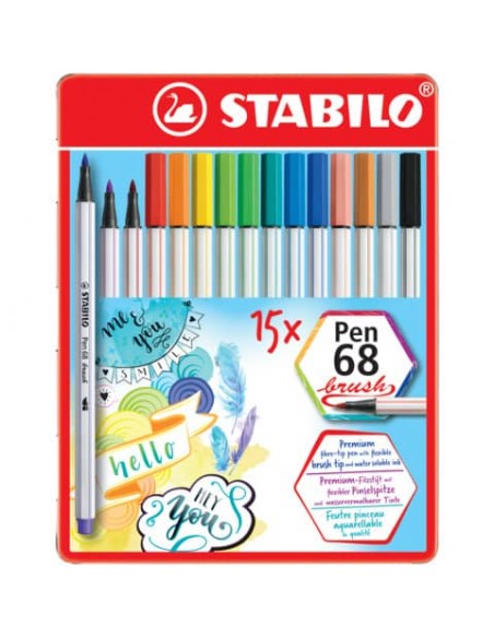 Pennarelli Stabilo Pen 68 brush punta a pennello M  1 mm - assortiti scatola in metallo da 15 pz - 568/15-32