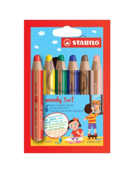 Matite colorate Stabilo Woody 3 in 1 punta larga - colori assortiti astuccio di cartone da 6 pezzi + temperino 8806-2