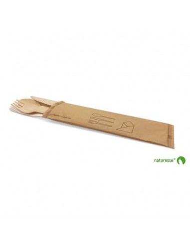 Set posate in legno monouso Scatolificio del Garda forchetta-coltello-cucchiaio tovagliolo avana - Conf. 250 pezzi 20380