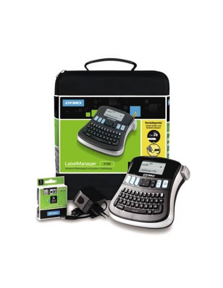Kit case etichettatrice Dymo Label Manager 210D con alimentatore e 1 nastro D1 12mm x 7m nero e argento - 2094492