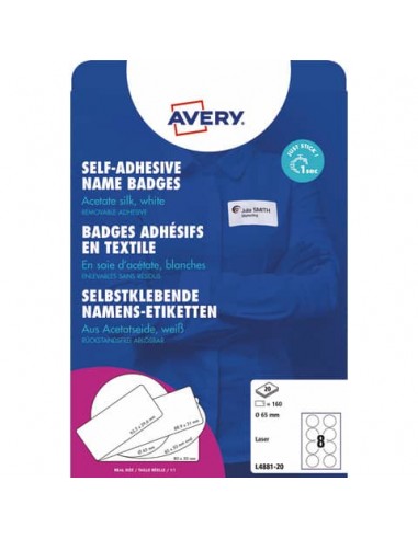 Badge adesivi per tessuti rotondi Avery Ø 65 mm - 8 et/foglio - stampanti laser Conf. 20 fogli - L4881-20