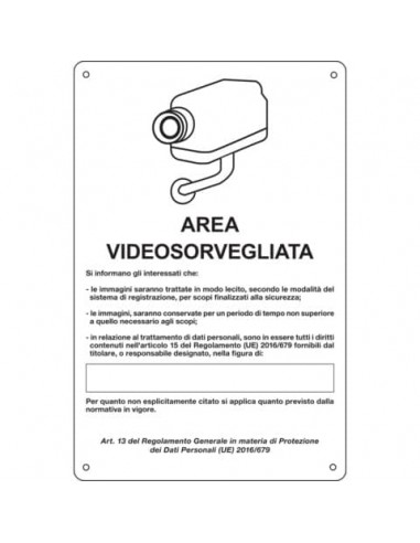 Cartello area video 20x30 cm Immagine bianca Cartelli Segnalatori ''Area sottoposta a videosorveglianza'' - 33328