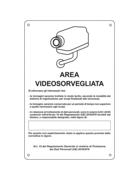 Cartello area video 20x30 cm Immagine bianca Cartelli Segnalatori ''Area sottoposta a videosorveglianza'' - 33328