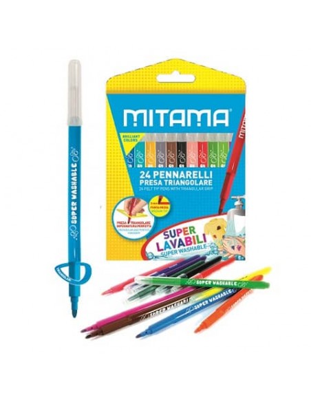 Pennarelli Mitama Super Lavabili fusto triangolare - Punta fine 3 mm - colori assortiti - conf. 24 pezzi 61996