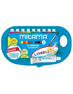 Tempera Mitama Più Superlavabile con tavolozza - 9 tubi da 10 ml assortiti + 1 tubo bianco 21 ml + 2 pennelli 61930