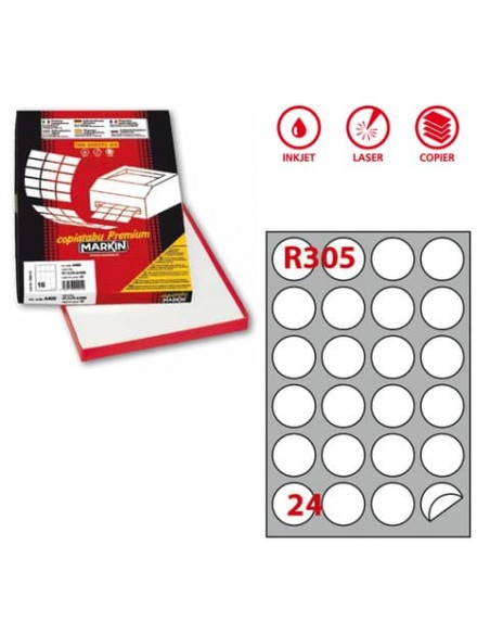 Etichette permanenti rotonde Copiatabu R305 bianco Laser/inkjet - 24 et./foglio - cf. 100 fogli Markin Ø40 mm