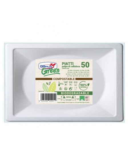 Piatti bianchi rettangolari in polpa di cellulosa conf. 50 pz Dopla Green 152x254 mm - 7766