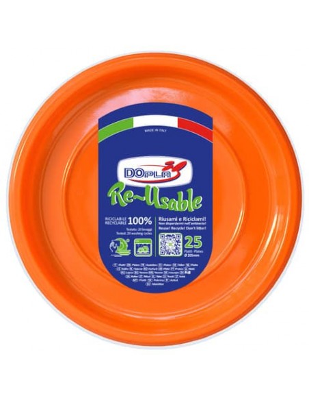 Piatti fondi arancioni in polistirene h.32 mm conf. 25 pz Dopla Reusable Ø 205 mm - 11826