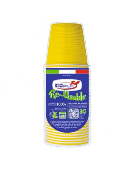 Bicchieri gialli in polistirene conf. 30 pz Dopla Reusable 230 ml 22700