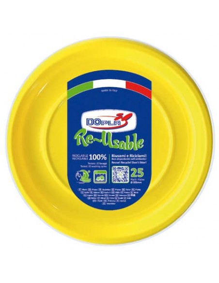 Piatti fondi gialli in polistirene h.32 mm conf. 25 pz Dopla Reusable Ø 205 mm 11834