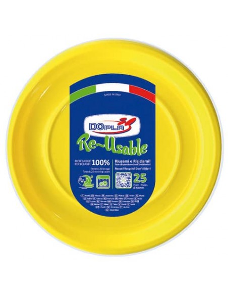 Piatti piani gialli in polistirene h.19 mm conf. 25 pz Dopla Reusable Ø 220 mm 11833