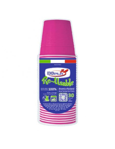 Bicchieri fucsia in polistirene conf. 30 pz Dopla Reusable 230 ml 22699