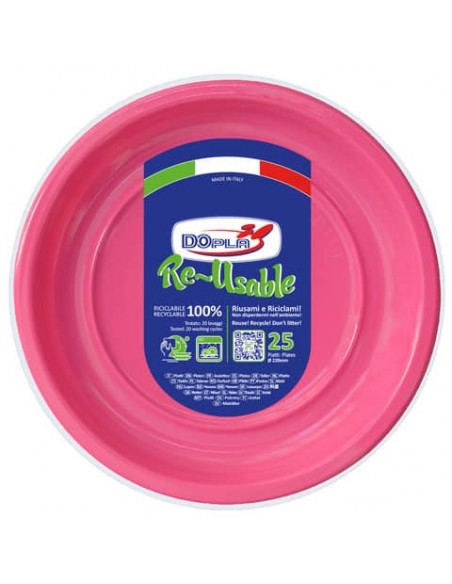 Piatti piani fucsia in polistirene h.19 mm conf. 25 pz. Dopla Reusable Ø 220 mm 11831
