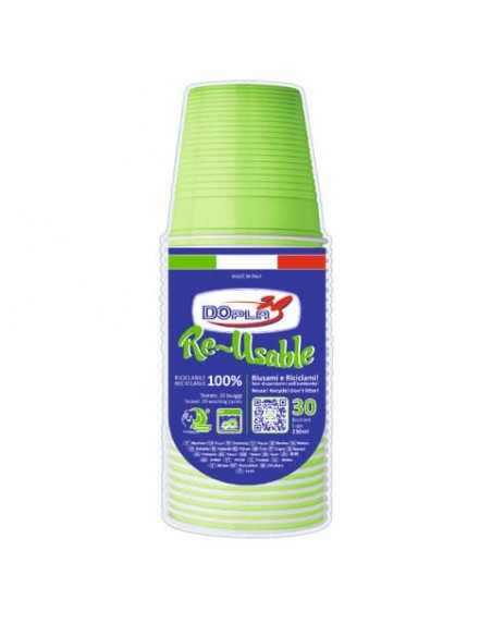 Bicchieri verde acido in polistirene conf. 30 pz Dopla Reusable 230 ml 22705