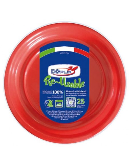 Piatti fondi rosso in polistirene h.32 mm conf. 25 pz Dopla Reusable Ø 205 mm 11840