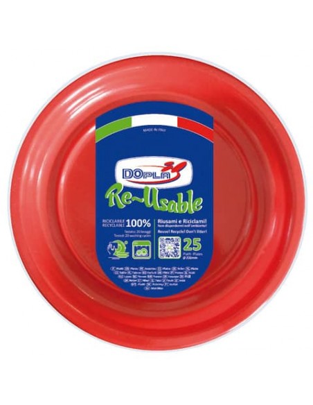 Piatti piani rosso in polistirene h.19 mm conf. 25 pz Dopla Reusable Ø 220 mm 11839
