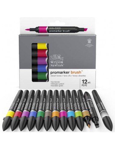 Set 12 pennarelli doppia punta Winsor&Newton Promarker brush colori vivaci assortiti + 1 blender - 0290145