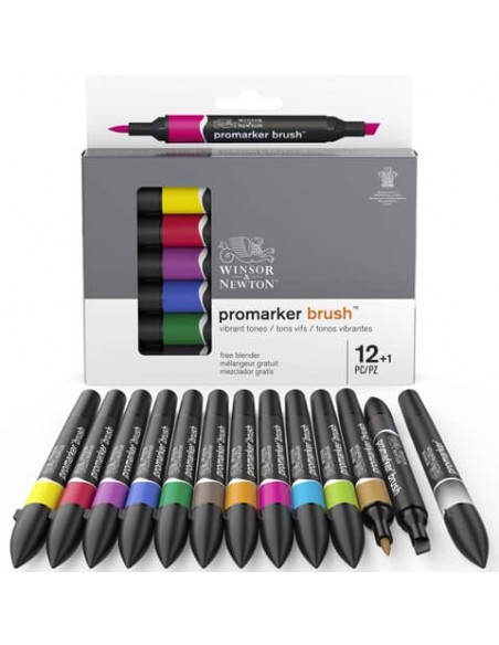 Set 12 pennarelli doppia punta Winsor&Newton Promarker brush colori vivaci assortiti + 1 blender - 0290145