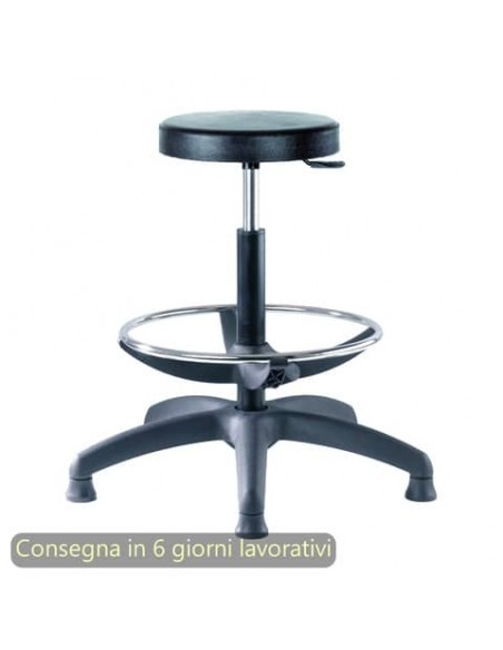 Sgabello tecnico Work 60  tondello in PU flessibile e lavabile nero Seditaly alto con poggiapiedi regolabile LBDSF0000PU01