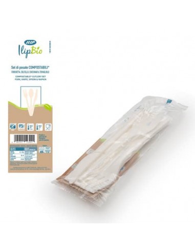 Conf. 200 set da 3 posate bianche coltello + forchetta + cucchiaio con tovagliolo in PLA BIO IlipBio 81004