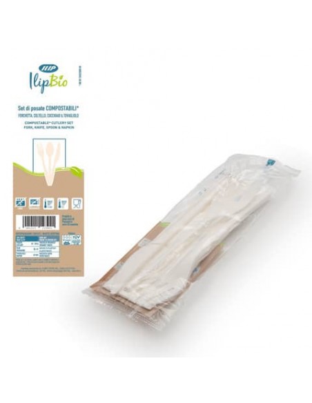 Conf. 200 set da 3 posate bianche coltello + forchetta + cucchiaio con tovagliolo in PLA BIO IlipBio 81004