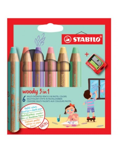 Matite colorate Stabilo Woody 3 in 1 punta larga conf. 6 colori Pastel assortiti 8806-3