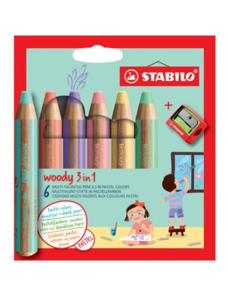 Matite colorate Stabilo Woody 3 in 1 punta larga conf. 6 colori Pastel assortiti 8806-3