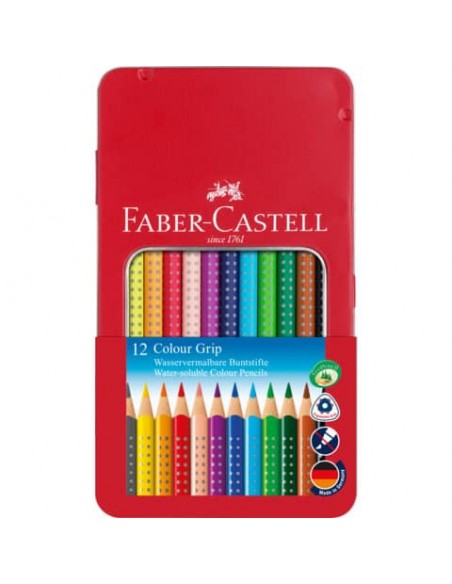 Matite colorate Faber-Castell Colour Grip astuccio di metallo - colori assortiti - conf. 12 pezzi - 112413
