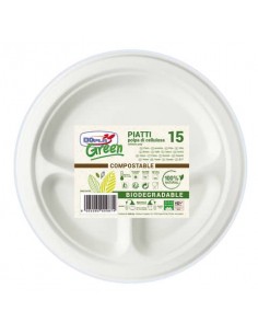 Piatti in polpa di cellulosa  Dopla Green bianco conf. 15 pz 3 scomparti Ø 254 mm - 7744