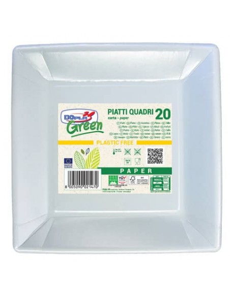 Piatti quadrati Dopla Green in carta Bi fibra vergine conf. 20 pz. Bianco quadrati 185x185 mm - 11805