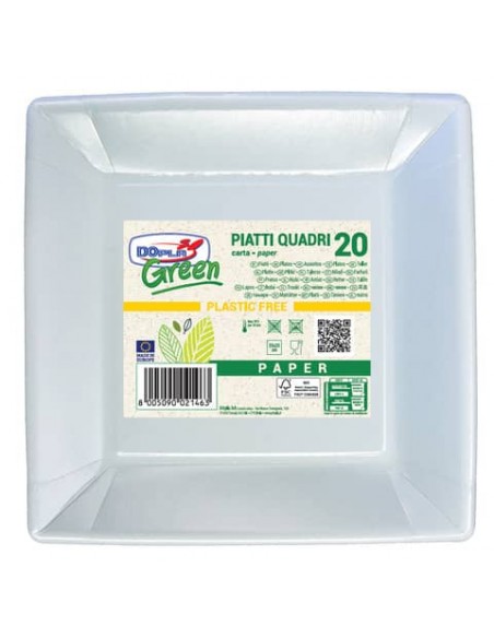 Piatti quadrati Dopla Green in carta Bi fibra vergine conf. 20 pz quadrati 250x250 mm - 11804