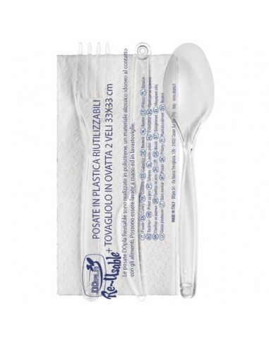 Set 3 posate Dopla Professional reuse in polistirene con tovagliolo conf 100 pz set 3 posate + tovagliolo - 03944