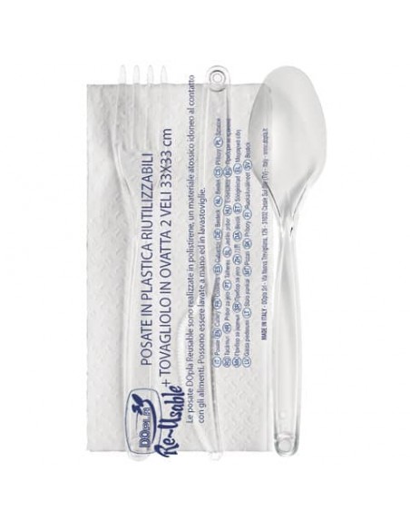 Set 3 posate Dopla Professional reuse in polistirene con tovagliolo conf 100 pz set 3 posate + tovagliolo - 03944