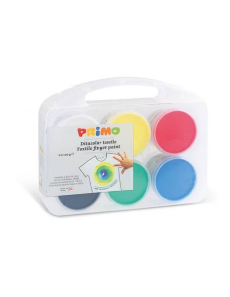 Tempera a dita per tessuti Primo 100 g - valigetta 6 colori primari in vasetti in polipropilene - 228TXD100SP