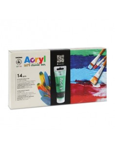 Colore acrilico Primo in bottiglia PET tappo dosatore 75 ml 8 colori assortiti + 5 pennelli assortiti - 4201BOX3
