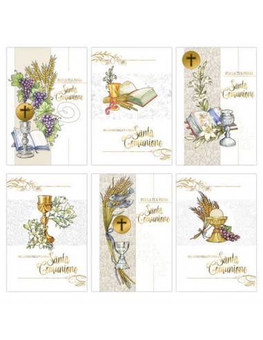 Biglietti augurali Prima Comunione Biembi oro 12x18 cm conf. da 6 pezzi assortiti - BXBDKTC01