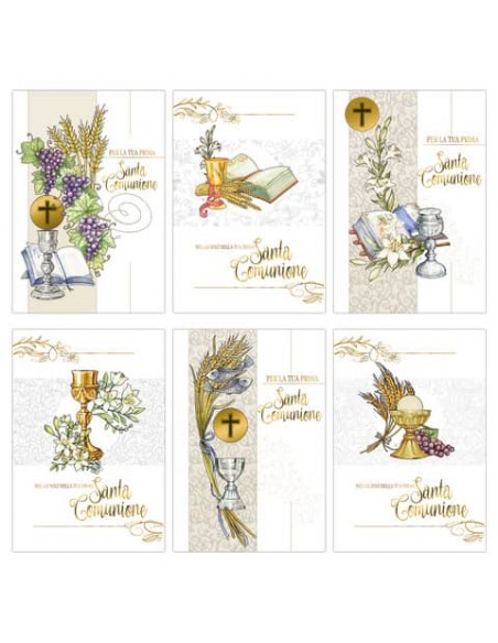Biglietti augurali Prima Comunione Biembi oro 12x18 cm conf. da 6 pezzi assortiti - BXBDKTC01