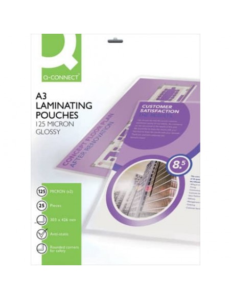 Pouches per plastificatrici Q-Connect 303x426 mm finitura lucida - 125 µm A3 - conf. 25 pz - KF04128