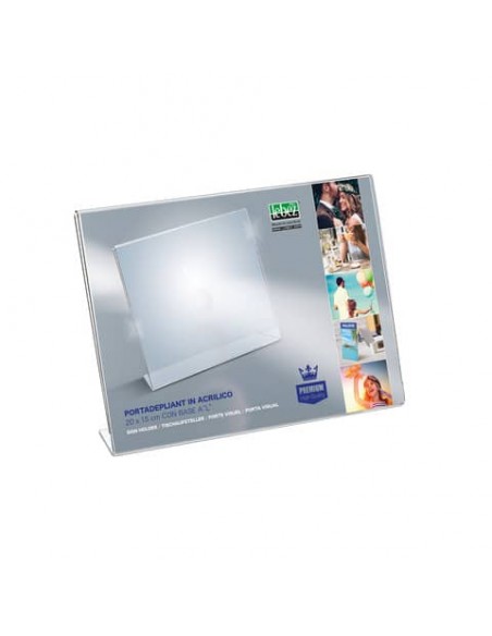 Portadepliant in acrilico con base a L Lebez formato 20x15 cm - orizzontale - trasparente - 7038