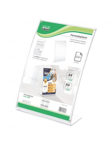 Portadepliant in acrilico con base a L - angoli magnetici Lebez A4 - verticale - trasparente - 7003