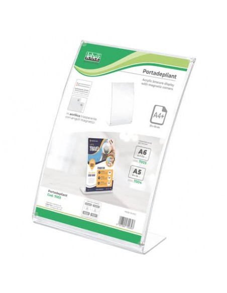 Portadepliant in acrilico con base a L - angoli magnetici Lebez A4 - verticale - trasparente - 7003