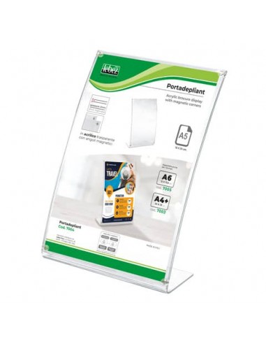 Portadepliant in acrilico con base a L - angoli magnetici Lebez A5 - verticale - trasparente - 7004