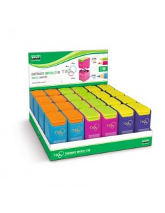 Temperamatite universale a 3 fori Lebez con coperchio e contenitore in plastica - colori assortiti - 81110