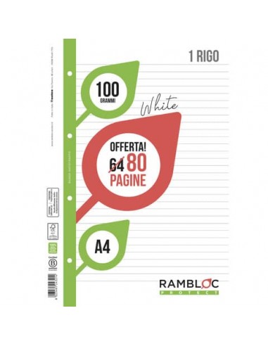 Ricambio quaderni ad anelli Rambloc formato A4 -32 ff +8 ff 1 rigo 90524321
