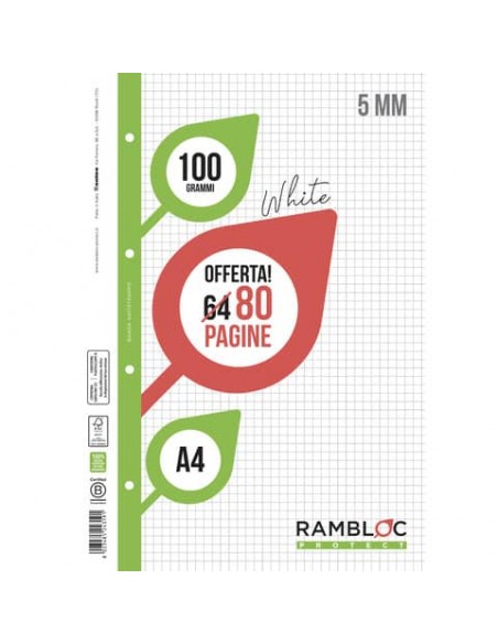 Ricambio quaderni ad anelli Rambloc formato A4 -32 ff + 8 ff 5 mm 90524319