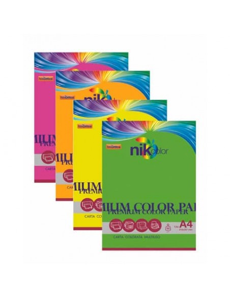 Carta colorata fluo formato A4 Nikoffice 4 colori assortiti fluo 80 g - 100 ff - 23NIK118