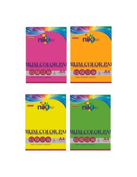 Carta colorata fluo formato A4 Nikoffice 4 colori assortiti fluo 160 g - 125 ff - 23NIK123